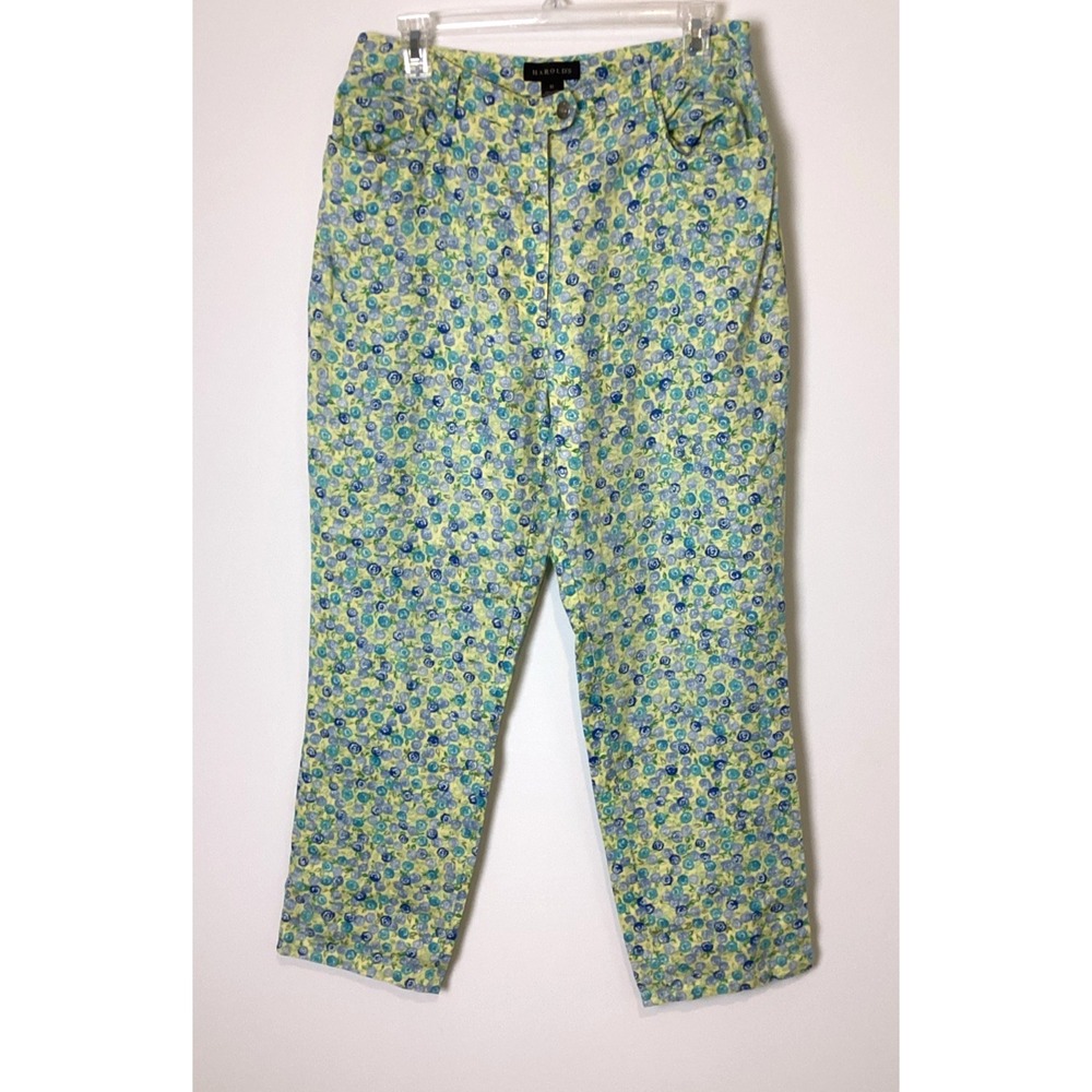 VTG Harold's Linen Trousers Women's 10 Green Yellow Blue Floral Print Boho Chic